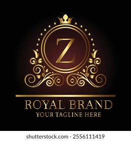 Luxury royal logo design with golden letter Z, crown, floral patterns, and tagline for premium branding  
