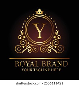 Luxury royal logo design with golden letter Y, crown, floral patterns, and tagline for premium branding  
