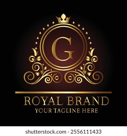 Luxury royal logo design with golden letter G, crown, floral patterns, and tagline for premium branding  
