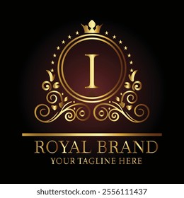 Luxury royal logo design with golden letter I, crown, floral patterns, and tagline for premium branding  
