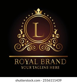 Luxury royal logo design with golden letter L, crown, floral patterns, and tagline for premium branding  
