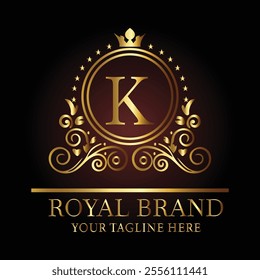 Luxury royal logo design with golden letter K, crown, floral patterns, and tagline for premium branding  
