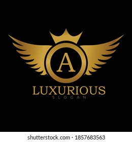 Luxury Royal logo design for letter A. Golden Wings logo design isolated on black background.Luxury logo template for letter A.