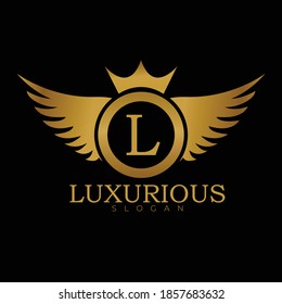 Luxury Royal logo design for letter L. Golden Wings logo design isolated on black background. Luxury logo template for letter L.