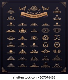 Luxury Royal Logo Set. Crest, Crown, Emblem, Heraldic Monogram. Vintage Flourishes Design Elements. Calligraphic Floral Sign. Gold Letters In Frames. Vector Calligraphy Emblems Border Book