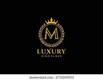Luxury royal logo vector template letter m laurel wreath. Crown emblem heraldic crest ornate frame company design.
