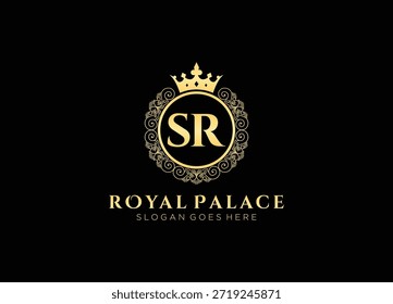 Luxury royal palace logo vector template initial sr letters. Crown emblem vintage heraldic crest ornate frame elegant design.