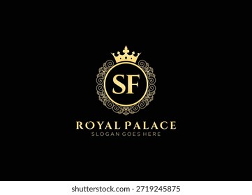Luxury royal palace logo vector template initial sf letters. Crown emblem vintage heraldic crest ornate frame elegant design.