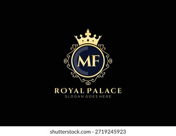 Luxo real palácio logotipo vetor modelo inicial mf letras. O emblema da coroa vintage heráldica crista ornamentado quadro design.