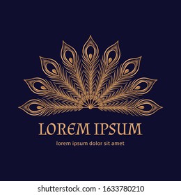 Luxury royal pattern mandala vector logo. Ethnic peacock feather label. Oriental emblem template design for beauty spa salon, yoga studio, wedding party invitation, christmas tag, holiday card.