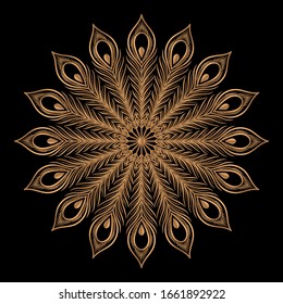 Luxury royal pattern mandala vector element. Ethnic peacock feather motif. Premium golden design for beauty spa salon, christmas ornament, new year holiday card, wedding party invitation.