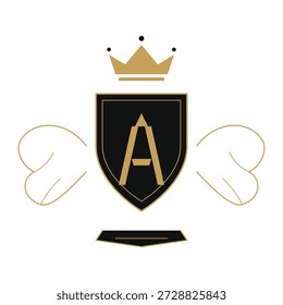 Monograma de escudo real de lujo con letra A. Logotipo de cresta heráldica dorada con corona y alas aisladas en blanco.