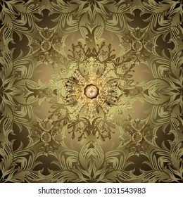 Luxury, royal and Victorian concept. Golden element on yellow colors. Vintage baroque floral pattern in gold over yellow. Ornate vector decoration.