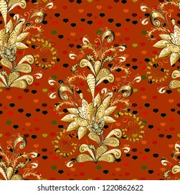 Luxury, royal and Victorian concept. Golden pattern on a brown, yellow and orange colors with golden elements. Ornate decoration. Vector vintage baroque floral seamless pattern in gold.