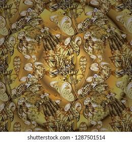 Luxury, royal and Victorian concept. Golden pattern on a brown and yellow colors with golden elements. Vector vintage baroque floral seamless pattern in gold. Ornate decoration.