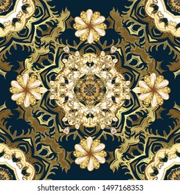 Luxury, royal and Victorian concept. Golden pattern on a blue, beige and brown colors with golden elements. Ornate decoration. Vector vintage baroque floral seamless pattern in gold.