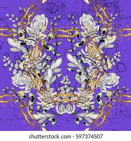 Luxury, royal and Victorian concept. Golden pattern on violet background with golden elements. Vector vintage baroque floral pattern in gold. Ornate decoration.