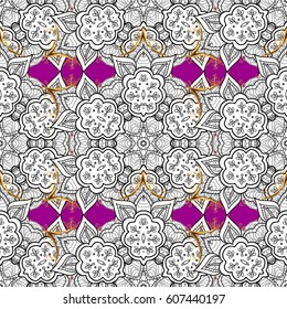 Luxury, royal and Victorian concept. Golden pattern on magenta background with golden elements. Vector vintage baroque floral seamless pattern in gold. Ornate decoration.