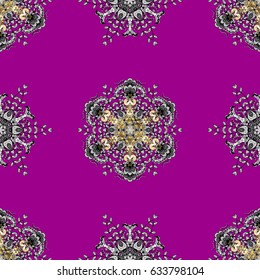 Luxury, royal and Victorian concept. Golden pattern on magenta background with golden elements. Vector vintage baroque floral seamless pattern in gold. Ornate decoration.