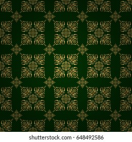 Luxury, royal and Victorian concept. Golden elements isolated on green background. Vintage baroque floral seamless pattern in gold over green. Ornate vector decoration.