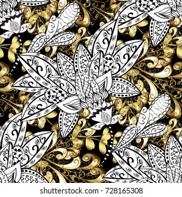 Luxury, royal and Victorian concept. Golden pattern on white, black and gray colors with golden elements. Vector vintage baroque floral seamless pattern in gold. Ornate decoration.