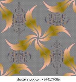 Luxury, royal and Victorian concept. Motley elements isolated. Vintage baroque seamless pattern in beige, violet and gray colors. Ornate vector decoration.