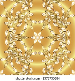 Luxury, royal and Victorian concept. Ornate vector decoration. Vintage baroque floral seamless pattern in gold over yellow and beige. Golden element on yellow and beige colors.