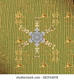 Luxury, royal and Victorian concept. Ornate decoration. Golden pattern on green background with golden elements. Vector vintage baroque floral pattern in gold.