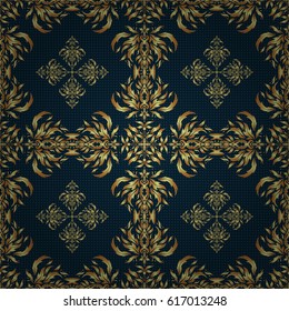 Luxury, royal and Victorian concept. Ornate vector decoration. Golden elements isolated on blue background. Vintage baroque floral seamless pattern in gold over blue.