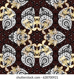 Luxury, royal and Victorian concept. Ornate vector decoration. Golden element on brown background. Vintage baroque floral pattern in gold over brown.