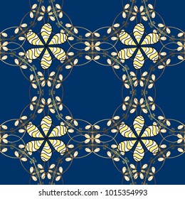 Luxury, royal and Victorian concept. Vector vintage baroque floral seamless pattern in gold. Ornate decoration. Golden pattern on a blue, yellow and white colors with golden elements.