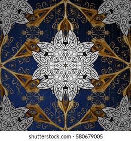 Luxury, royal and Victorian concept. Vector vintage baroque floral pattern in gold. Ornate decoration. Golden pattern on blue background with golden elements.