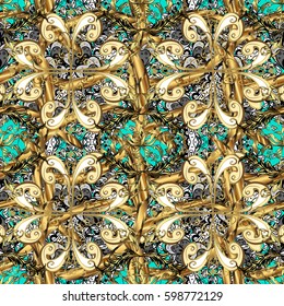 Luxury, royal and Victorian concept. Vector vintage baroque floral seamless pattern in gold. Ornate decoration. Golden pattern on blue background with golden elements.