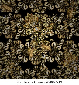 Luxury, royal and Victorian concept. Vector vintage baroque floral seamless pattern in gold. Ornate decoration. Golden pattern on a black background with golden elements.