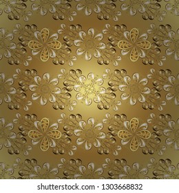 Luxury, royal and Victorian concept. Vintage baroque floral seamless pattern in gold over beige and yellow. Golden element on beige and yellow colors. Ornate vector decoration.