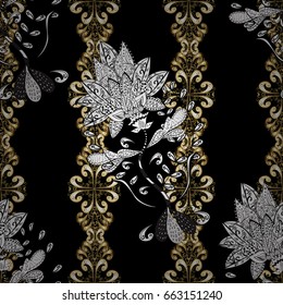 Luxury, royal and Victorian concept. Vintage baroque floral seamless pattern in gold over black. Ornate vector decoration. Golden element on black background.