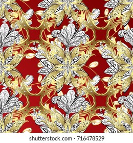 Luxury, royal and Victorian concept. Vintage baroque floral ornamental pattern in gold over white, red and neutral. Ornate vector decoration. Golden element on white, red and neutral colors.