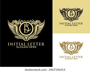 Luxury royal wing Letter D Logo vector, Luxury wing crown emblem alphabets logo design template