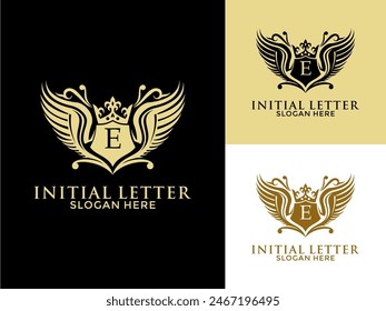 Luxury royal wing Letter E Logo vector, Luxury wing crown emblem alphabets logo design template