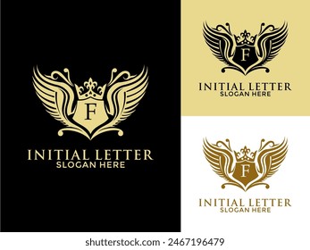 Luxury royal wing Letter F Logo vector, Luxury wing crown emblem alphabets logo design template