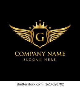 Luxury royal wing Letter G crest Gold color, Victory logo, crest logo, wing logo, vector logo template