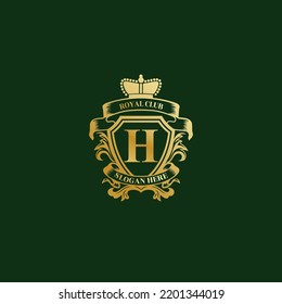 Luxury royal wing Letter H crest Gold color Logo vector. Crest logo, wing logo, vector logo. Vector Royal Shield Golden Laurel Wreath Stock Vector. 