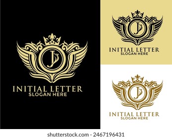 Luxury royal wing Letter J Logo vector, Luxury wing crown emblem alphabets logo design template