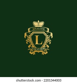Luxury royal wing Letter L crest Gold color Logo vector. Crest logo, wing logo, vector logo. Vector Royal Shield Golden Laurel Wreath Stock Vector. 