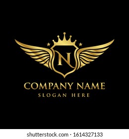 Luxury royal wing Letter N crest Gold color, Victory logo, crest logo, wing logo, vector logo template