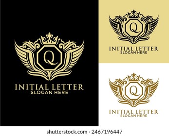 Luxury royal wing Letter Q Logo vector, Luxury wing crown emblem alphabets logo design template
