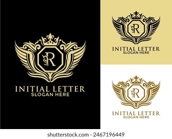 Luxury royal wing Letter R Logo vector, Luxury wing crown emblem alphabets logo design template