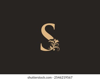 Luxury S letter logo with floral ornate design. Vintage swirl, graceful calligraphic letter identity for premium brand. Filigree, intricate rococo, flowery engraving S signs. Aesthetic elegance.