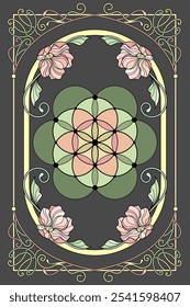 Luxury sacred geometry art nouveau style illustration. Tarot deck design. Romantic esoteric vector art.