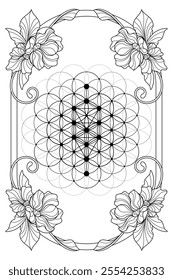 Luxury sacred geometry  flower of life art nouveau style illustration. Tarot deck design. Romantic esoteric vector art.